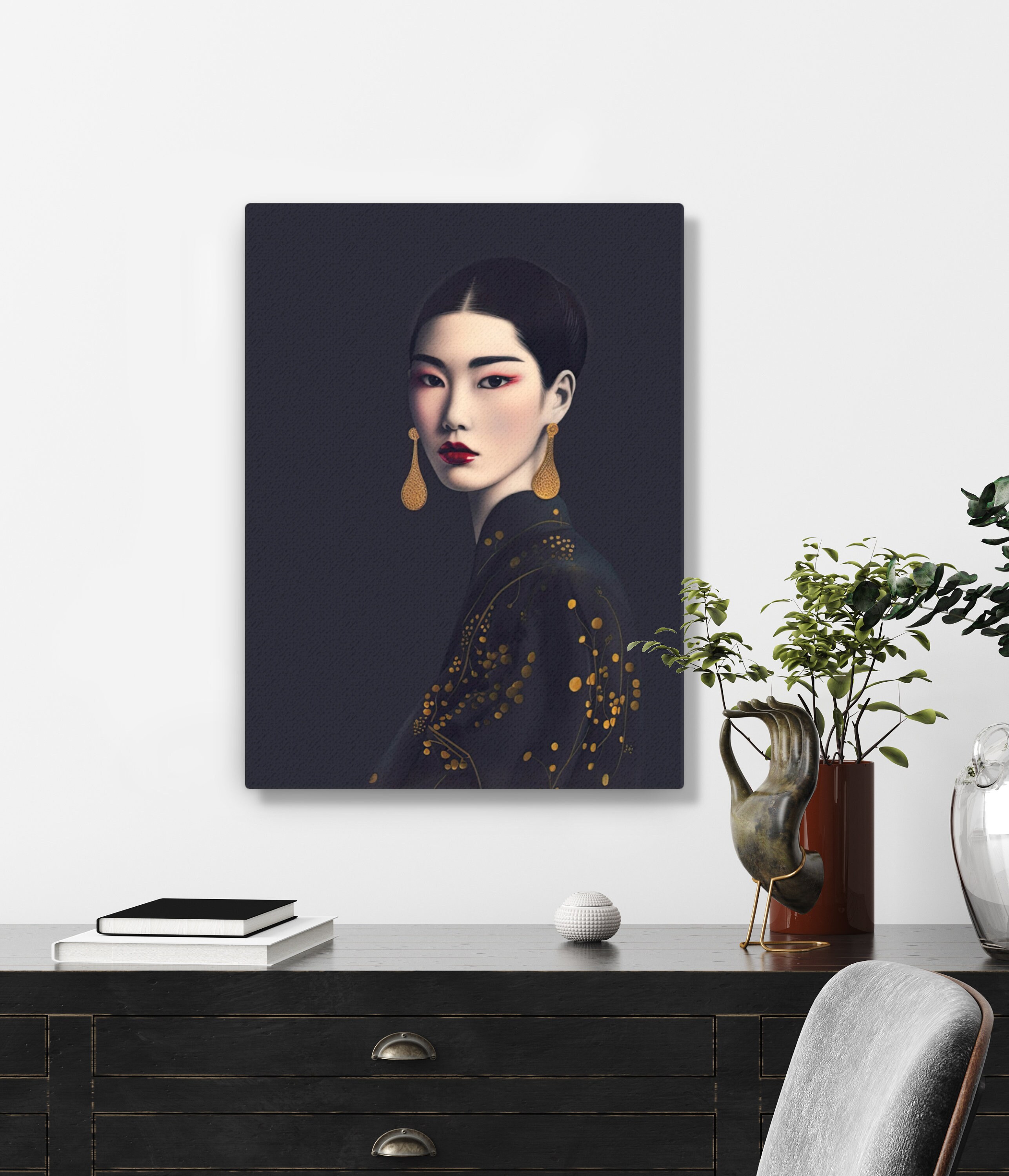 Japanese Woman Art Print Black Kimono Portrait Oriental Wall Art Face 
