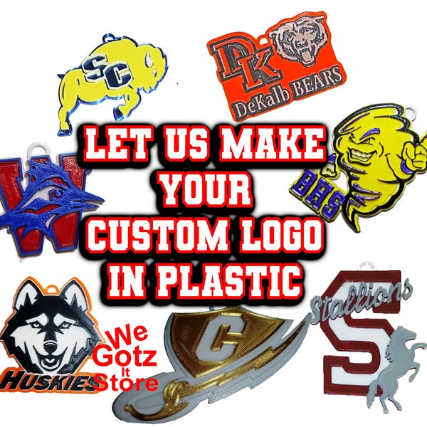 Op maat gemaakt plastic sieraad met schoollogo, 10 cm groot.