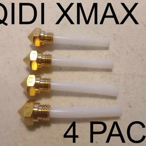 May include: Four gold-coloured 3D printer nozzles with white plastic tubing attached. The nozzles are arranged vertically and labelled "QIDI XMAX II 4 PACK".