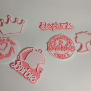 Homecoming Mum Doll Themed Custom Plastic Trinkets Package of 5 Trinkets 2&quot; - 3&quot; Tall and a Custom 4&quot; wide Name Plate To Put on Your Mum