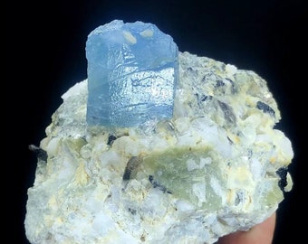 Blue Aquamarine Crystal on Matrix, Pakistan Mineral Specimen (387 Gram)