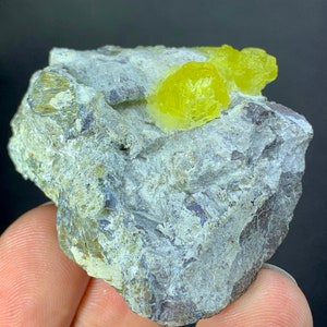 Puede incluir: Una pequeña roca con dos cristales amarillos brillantes en la parte superior. Los cristales están agrupados y tienen una superficie rugosa e irregular.