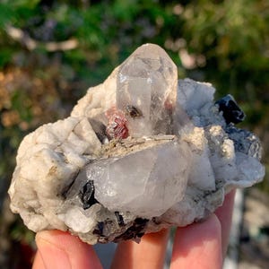 Red Garnet On Quartz Crystal With Schorl Tourmaline, Natural Garnet, Terminated Quartz Specimen From Skardu Pakistan-301 Gm,Combine Specimen