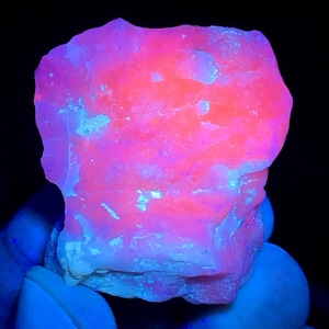 May include: A glowing, rough-hewn mineral specimen. The rock displays vibrant pink and orange hues, with patches of blue and white. The specimen is held against a black background, highlighting its fluorescent colors.