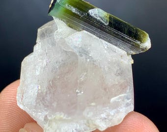 Green Cap Tourmaline Crystal on Quartz, Raw Mineral Specimen, Skardu Pakistan-12 Gm