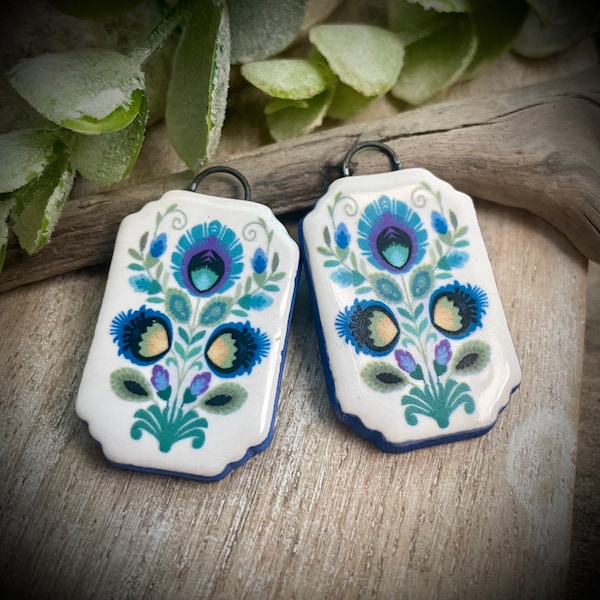 Floral earring charms, blue flower ceramic beads for earring findings, design elements, handmade beads pendants charms. Bohemian boho,