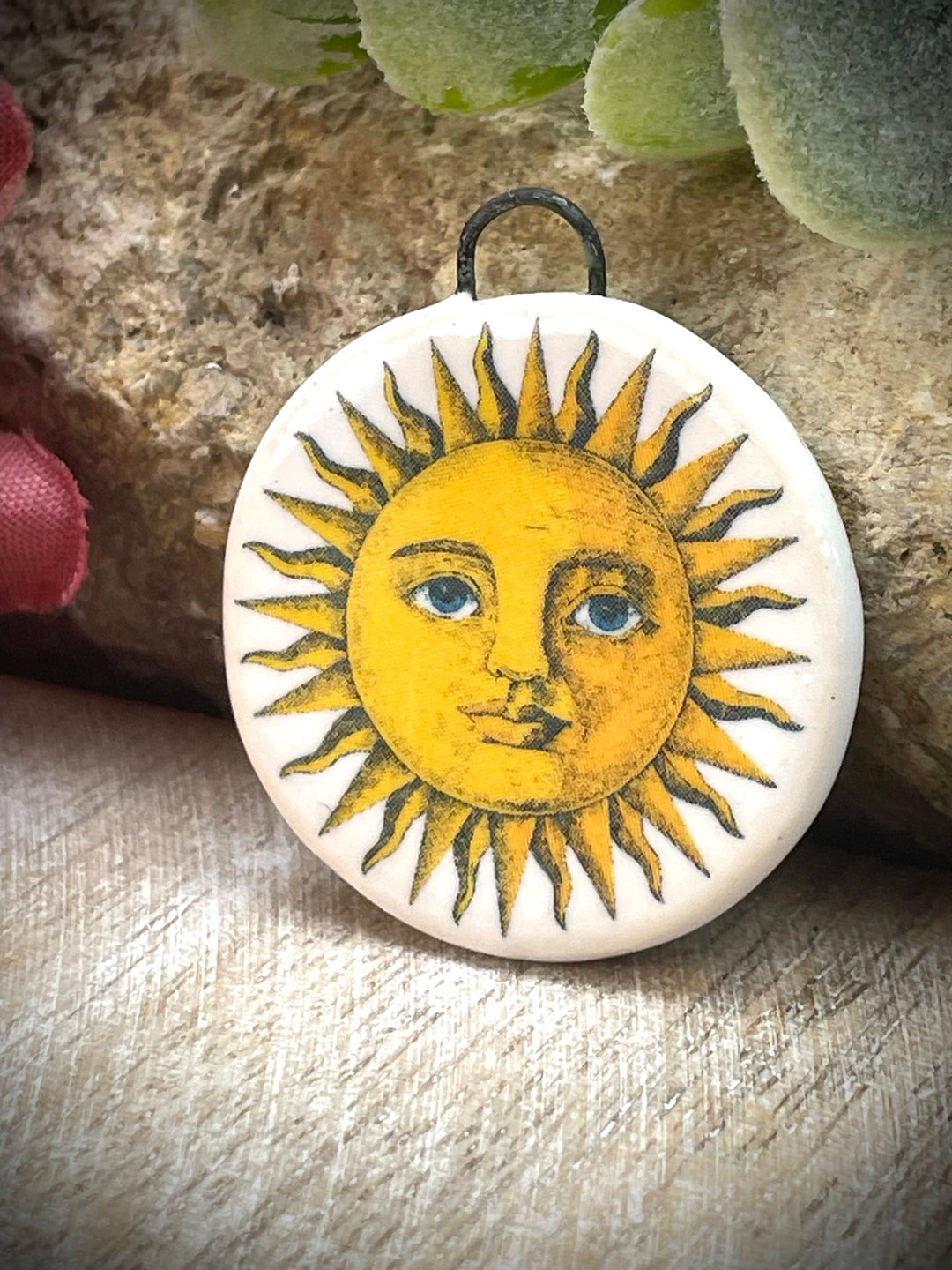 Ceramic Pendant Charms, Vintage Sun Jewelry Findings, Design Elements