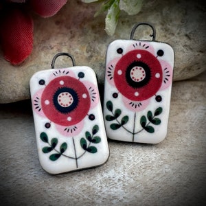 Folk art flower earring charms, valentines flower ceramic beads, earring findings, design element,  charm pendant