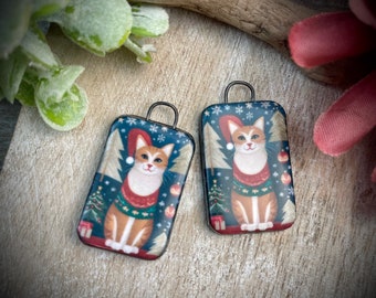 Christmas earring charms, vintage cat beads, Folk art pendant charms, clay beads for jewelry making, jewelry supplies and findings.