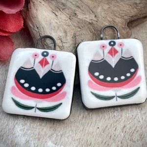 Folk art flower earring charms, valentines tulip flower ceramic beads, earring findings, design element,  charm pendant