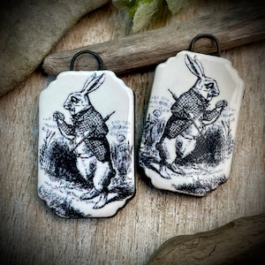 Bunny earring charms, vintage rabbit ceramic pendant pair, earring findings,