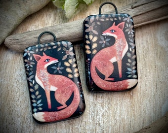 Fox earring charms, vintage fox, ceramic fox pendant pair, earring findings,