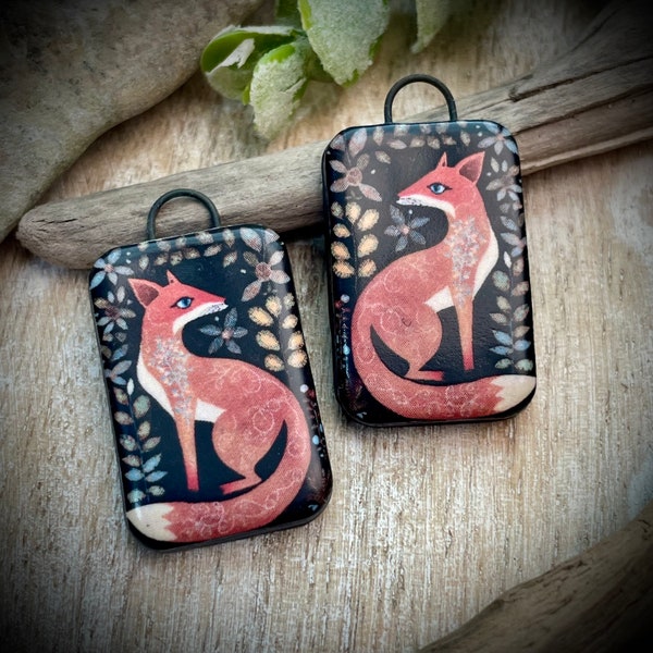 Fox earring charms, vintage fox, ceramic fox pendant pair, earring findings,