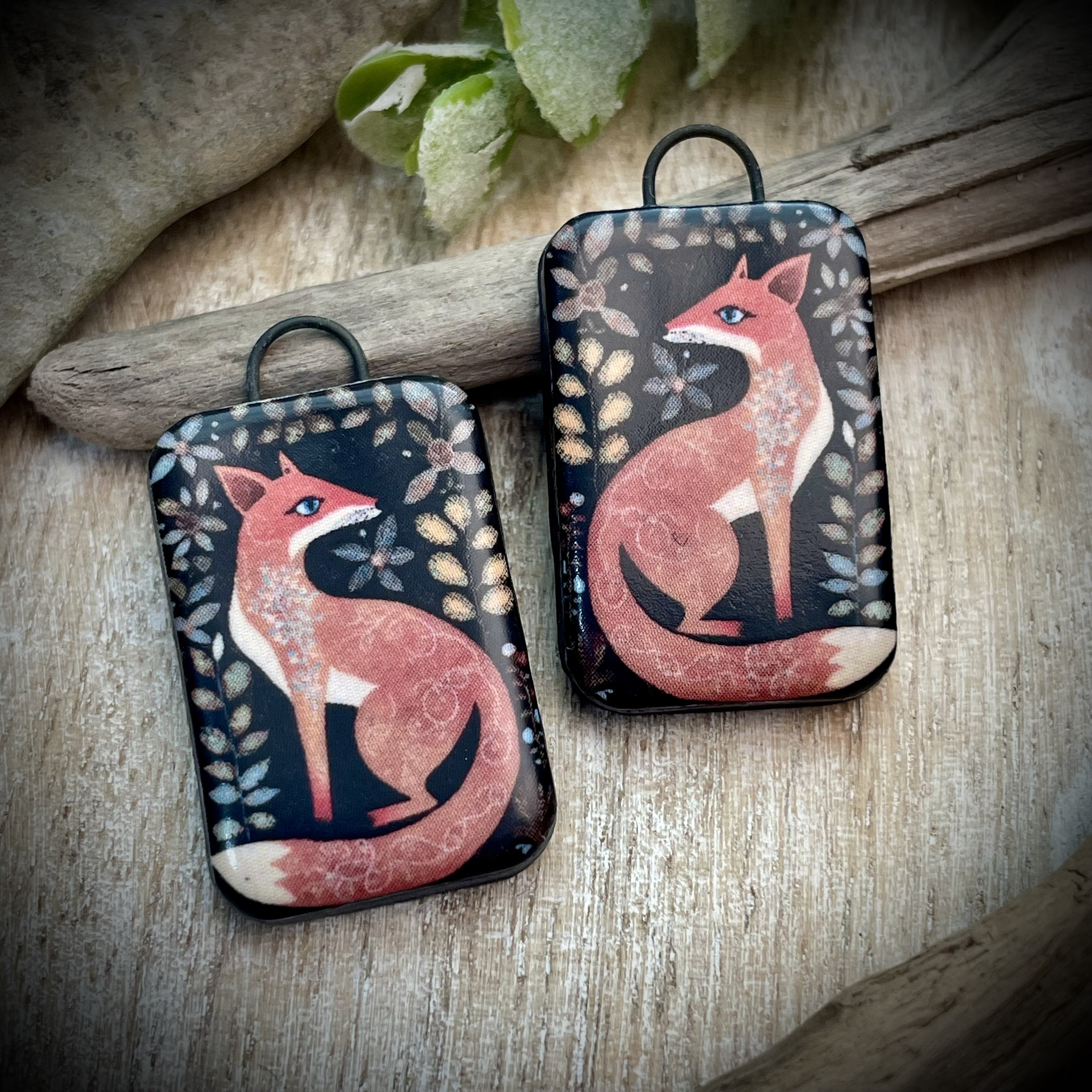 Fox earring charms, vintage fox, ceramic fox pendant pair, earring findings,
