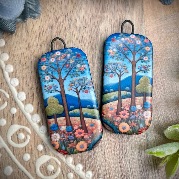 Landscape earring charms, ceramic leaf tree beads long earring findings, design elements, handmade beads pendants charms. Bohemian boho,