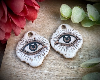 Eye charms, evil eye earring charms, ceramic charm pair, jewelry findings, DIY jewelry making supplies