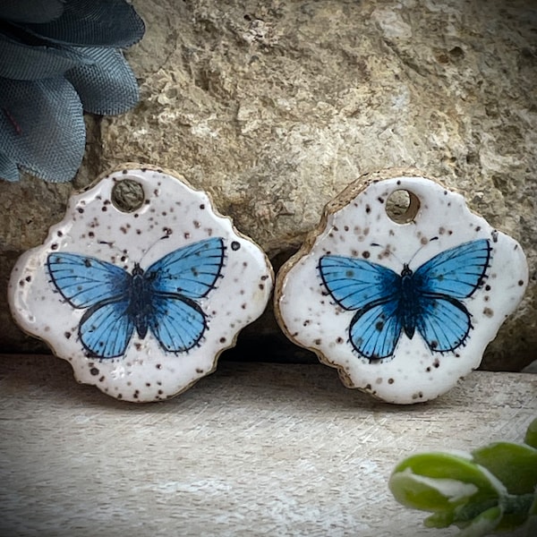 Butterfly ceramic charms, Artisan pendants, 2 Rustic earring components, Handmade boho findings to make jewelry, Ceramic beads