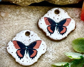 Butterfly ceramic charms, Artisan pendants, 2 Rustic earring components, Handmade boho findings to make jewelry, Ceramic beads