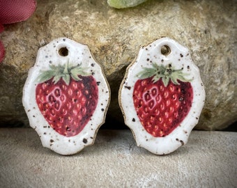 Ceramic strawberry earring charms, beads for earring findings, design elements, handmade beads pendants charms. Bohemian boho,
