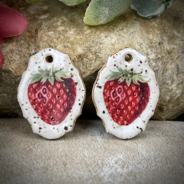 Ceramic strawberry earring charms, beads for earring findings, design elements, handmade beads pendants charms. Bohemian boho,