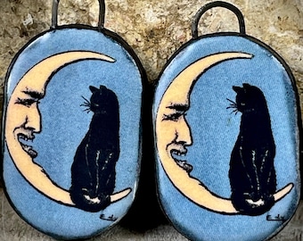 Vintage black cat earring charms beads pendants, moon clay beads for jewelry making, jewelry supplies and findings.