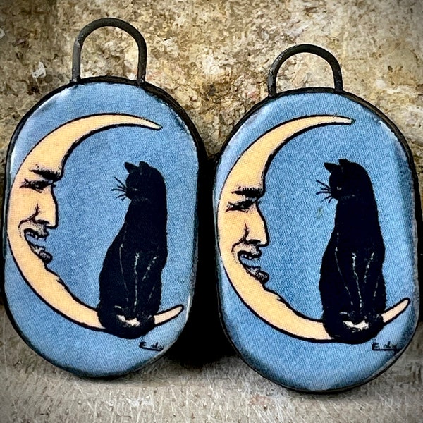 Vintage black cat earring charms beads pendants, moon clay beads for jewelry making, jewelry supplies and findings.