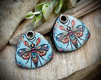 Bee ceramic charms, Folk Art Artisan pendants, 2 Rustic earring components, Handmade boho findings to make jewelry, Ceramic beads