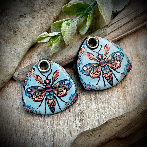 Bee ceramic charms, Folk Art Artisan pendants, 2 Rustic earring components, Handmade boho findings to make jewelry, Ceramic beads