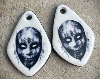 Halloween mask earring charms, vintage mask bead pendants, clay beads for jewelry making, jewelry supplies and findings.