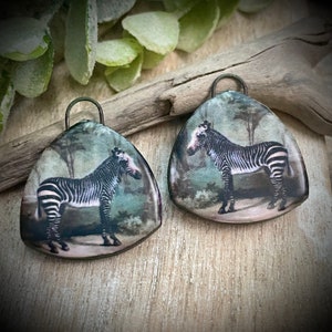 Zebra ceramic earring charms, Folk Art Artisan pendants, 2 Rustic earring components, Handmade boho findings to make jewelry, Ceramic beads
