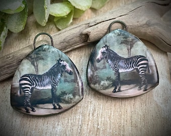 Zebra ceramic earring charms, Folk Art Artisan pendants, 2 Rustic earring components, Handmade boho findings to make jewelry, Ceramic beads