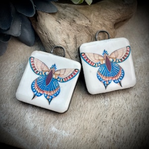 Butterfly ceramic charms, Artisan pendants, 2 Rustic earring components, Handmade boho findings to make jewelry, Ceramic beads