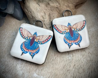 Butterfly ceramic charms, Artisan pendants, 2 Rustic earring components, Handmade boho findings to make jewelry, Ceramic beads