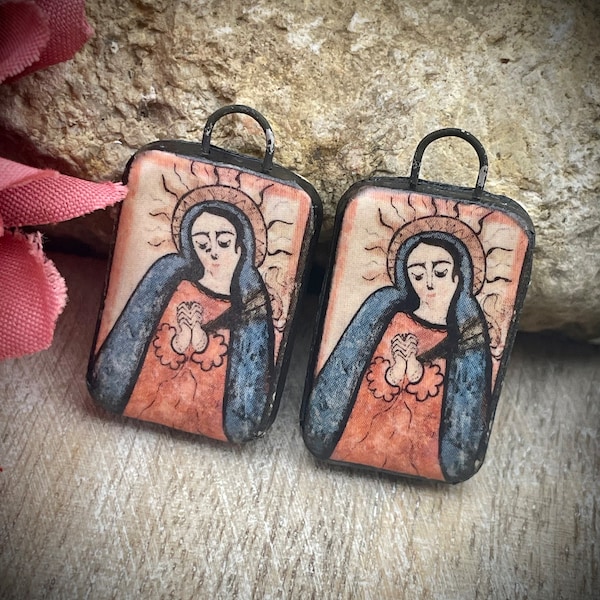 Earring charms pendants, vintage art nouveau ceramic charms, enamel charms, Our Lady of Sorrow charms