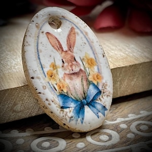 Bunny pendant, vintage Easter rabbit ceramic pendant necklace findings