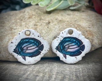 Fish ceramic charms, Artisan fish pendants, 2 Rustic earring components, Handmade boho findings to make jewelry, Ceramic beads