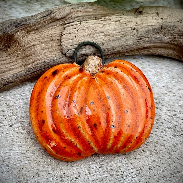 Pumpkin pendant charm, Halloween pumpkin bead, fall ceramic pendant, rustic fall bead