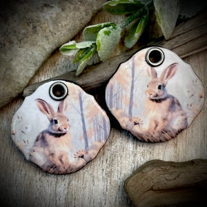 Bunny earring charms, vintage rabbit ceramic pendant pair, earring findings,