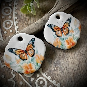 Butterfly ceramic charms, Artisan pendants, 2 Rustic earring components, Handmade boho findings to make jewelry, Ceramic beads