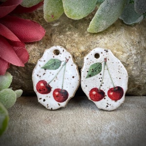 Ceramic cherry earring charms, beads for earring findings, design elements, handmade beads pendants charms. Bohemian boho,