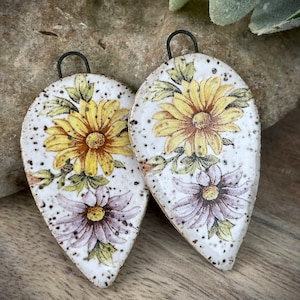 Ceramic flower earring charms, ceramic beads for earring findings, design elements, handmade beads pendants charms. Bohemian boho,