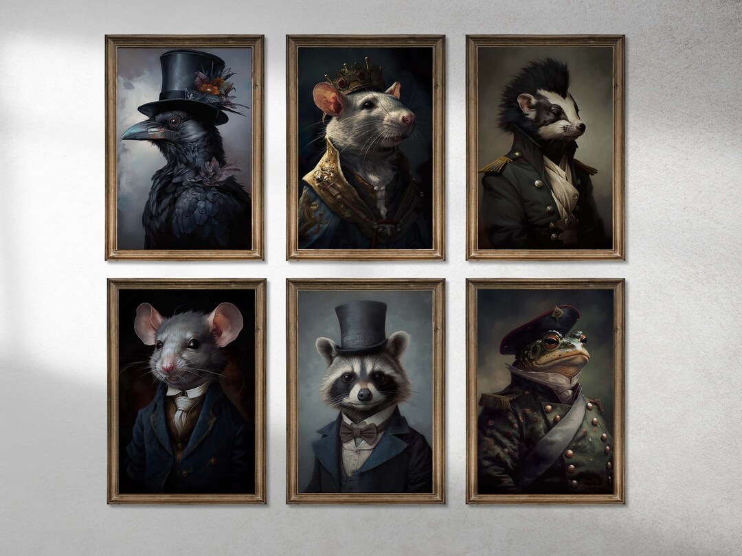 Set of 6 Victorian Animal Portraits Digital Download Moody Dark