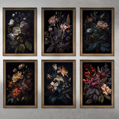 Dark Botanical Gallery Wall Art Moody Floral Print Set 3 - Etsy