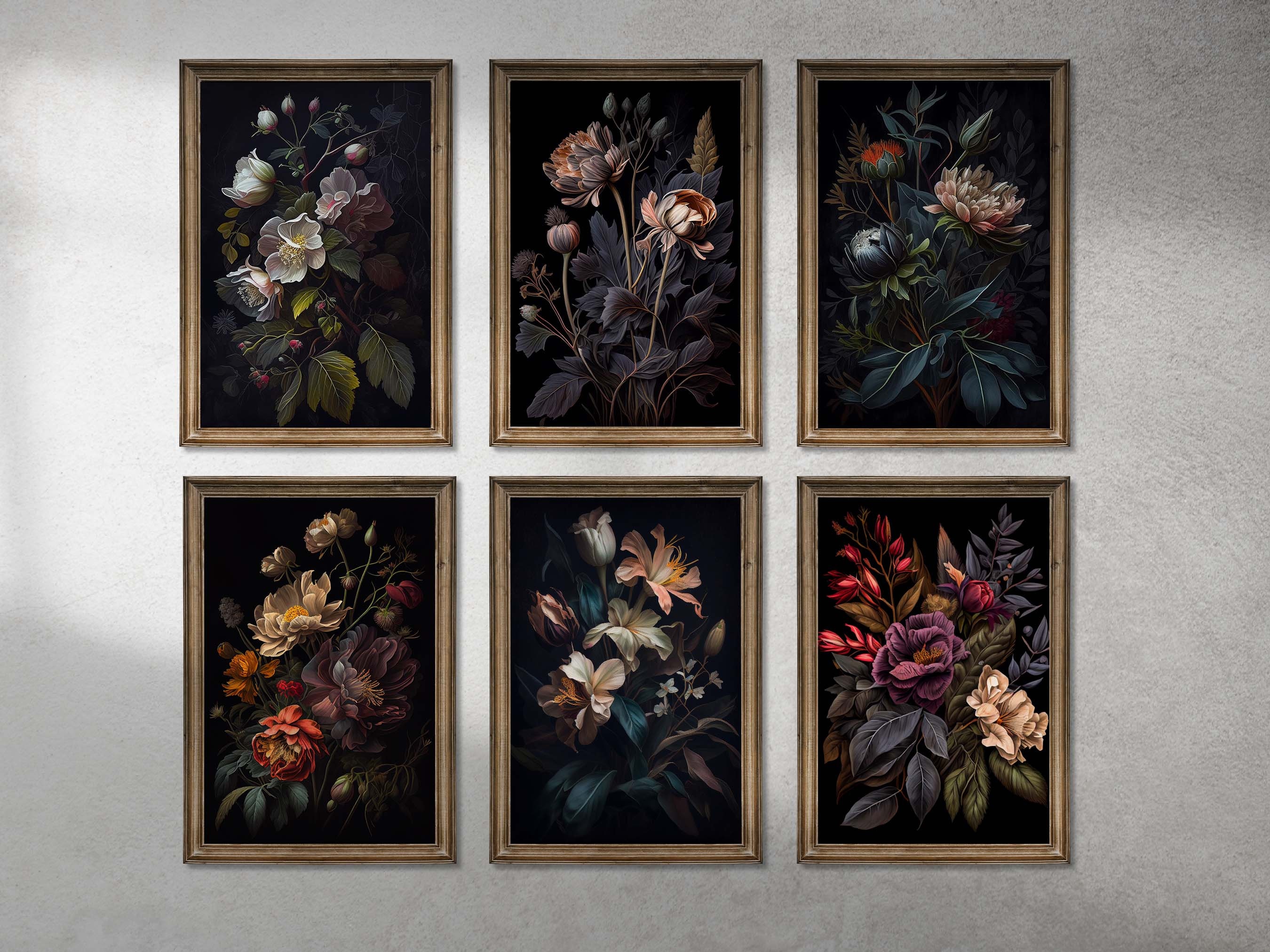 Set of 6 Cottagecore Botanical Prints Moody Dark Academia Printable Gallery Wall Art Florals Digital Download