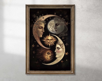 Celestial Moon Print Dark Art Wall Art Dark Academia Cottagecore Gothic Printable Wall Art Digital Download