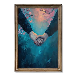 ロマンチックな手を繋ぐウォールアート | 夢のような愛のプリント | 花の背景 | デジタルダウンロード | カップルのアート | ロマンチックなギフト