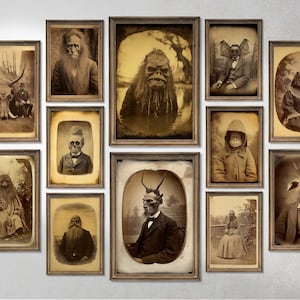 Set von 12 - 1800er Cryptid und Freak zeigen Fotogalerie Wandkunst Dark Academia Cottagecore Goblincore Moody Print Wohnzimmer Kunst