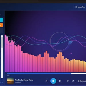 Pode incluir: Uma captura de tela da interface do reprodutor de música Sonic Groove. A interface é azul escuro com uma lista de reprodução à esquerda e um visualizador à direita. O visualizador exibe barras e formas de onda coloridas. A música atual é "Arrakis, Surviving Flame".