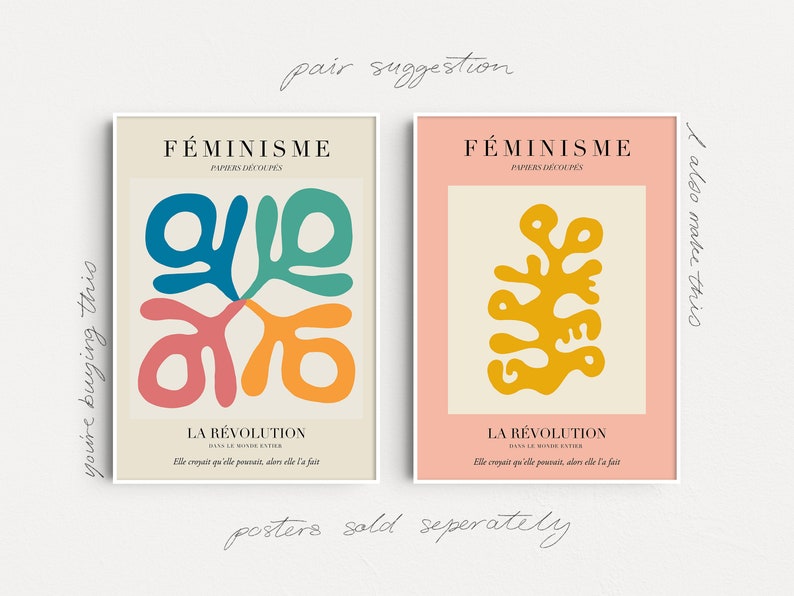 May include: Two minimalist posters with a peach and cream background. The posters feature abstract shapes in yellow, blue, green, and pink. The text on the posters reads "F&Eacute;MINISME" and "LA R&Eacute;VOLUTION".