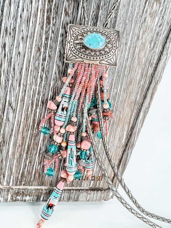 Vintage Sterling Sliver Navajo Turquoise Bolo Tie ~ Southwest Hand Painted Beads ~